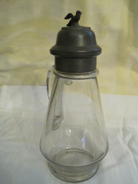 Antique Flint Glass Syrup Pitcher with pewter lid ( bird )